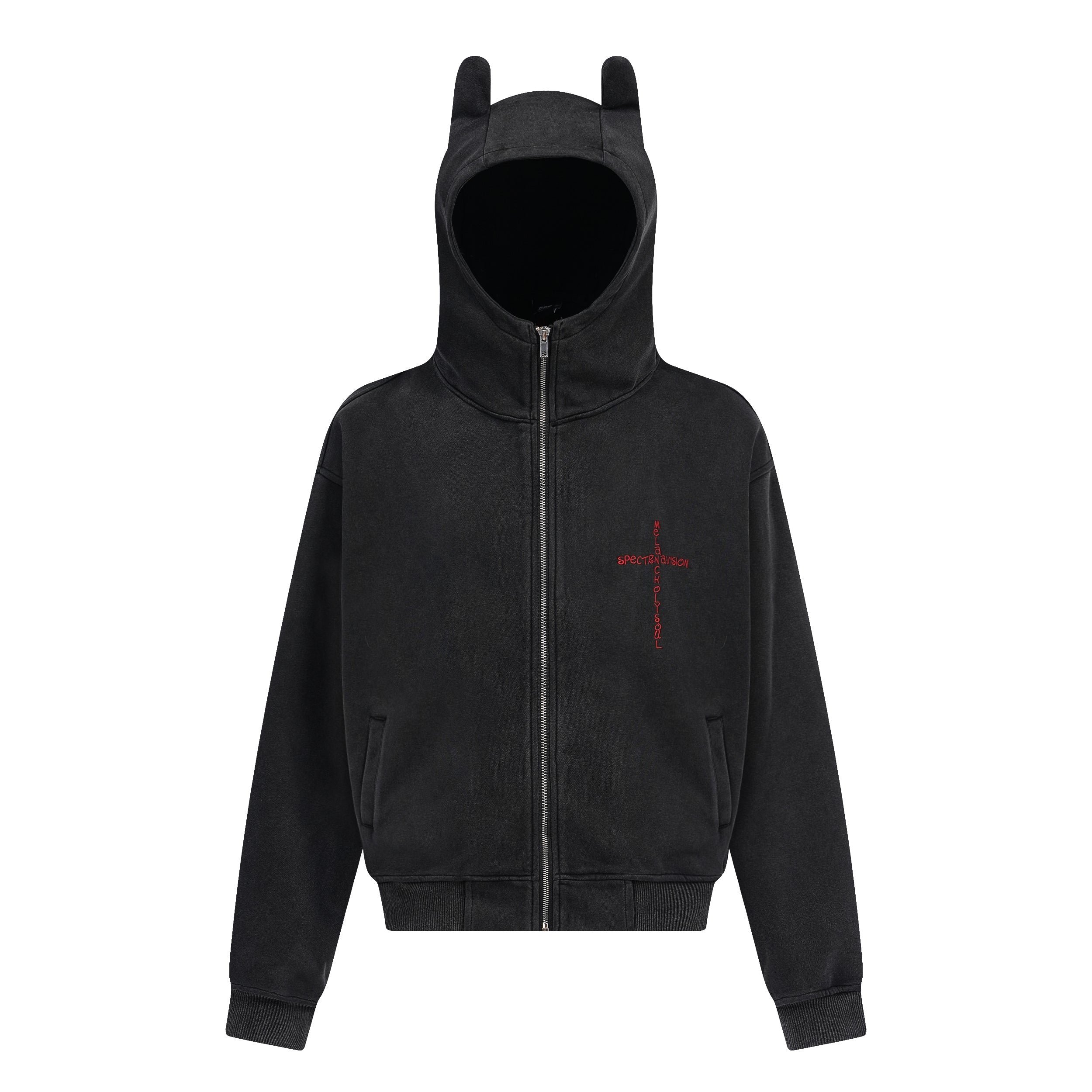 Black zip-up hoodie with devil horn ears on hood and red cross Spectra Division embroidery on chest