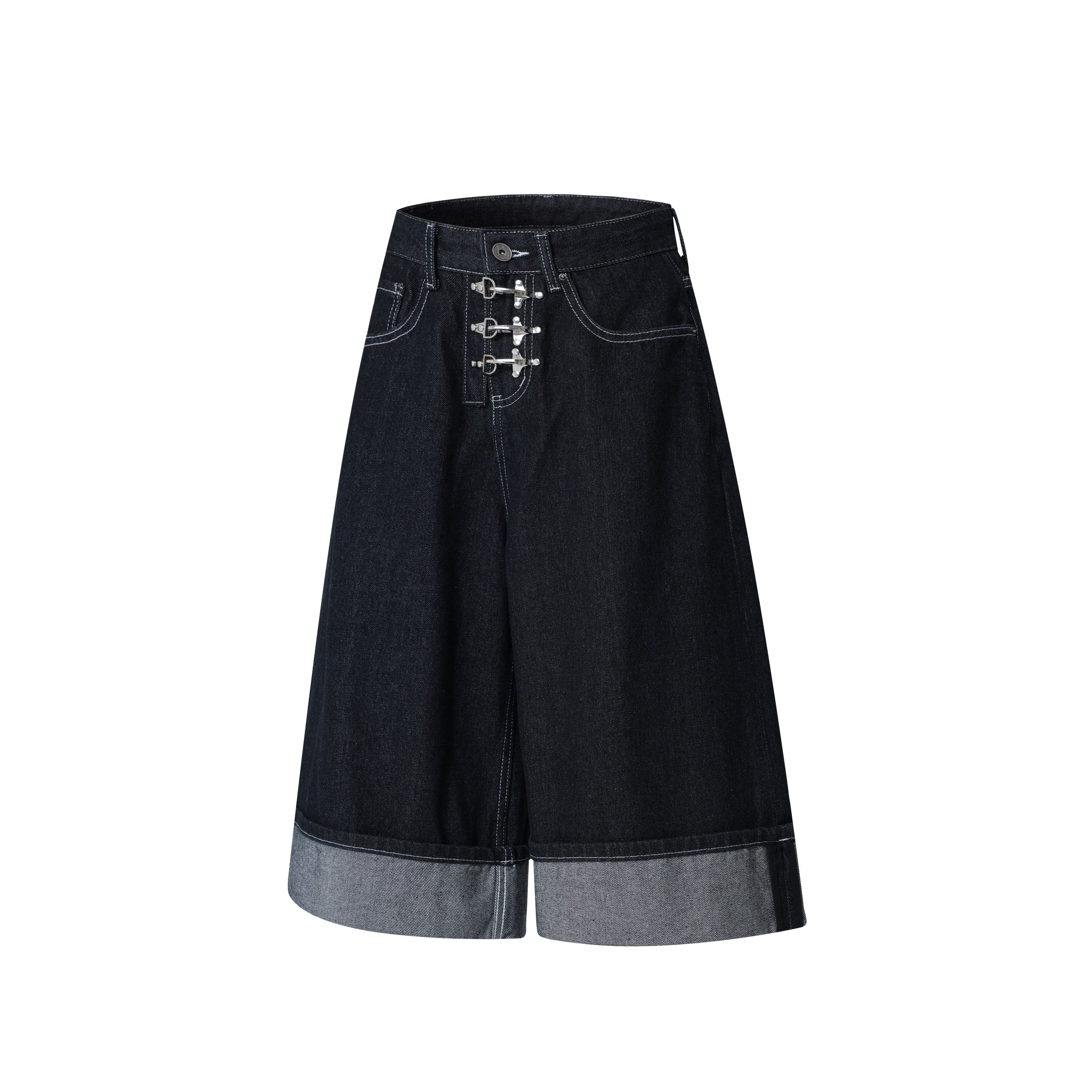 Wide-Leg Buckle Denim Shorts | Dark Wash Streetwear