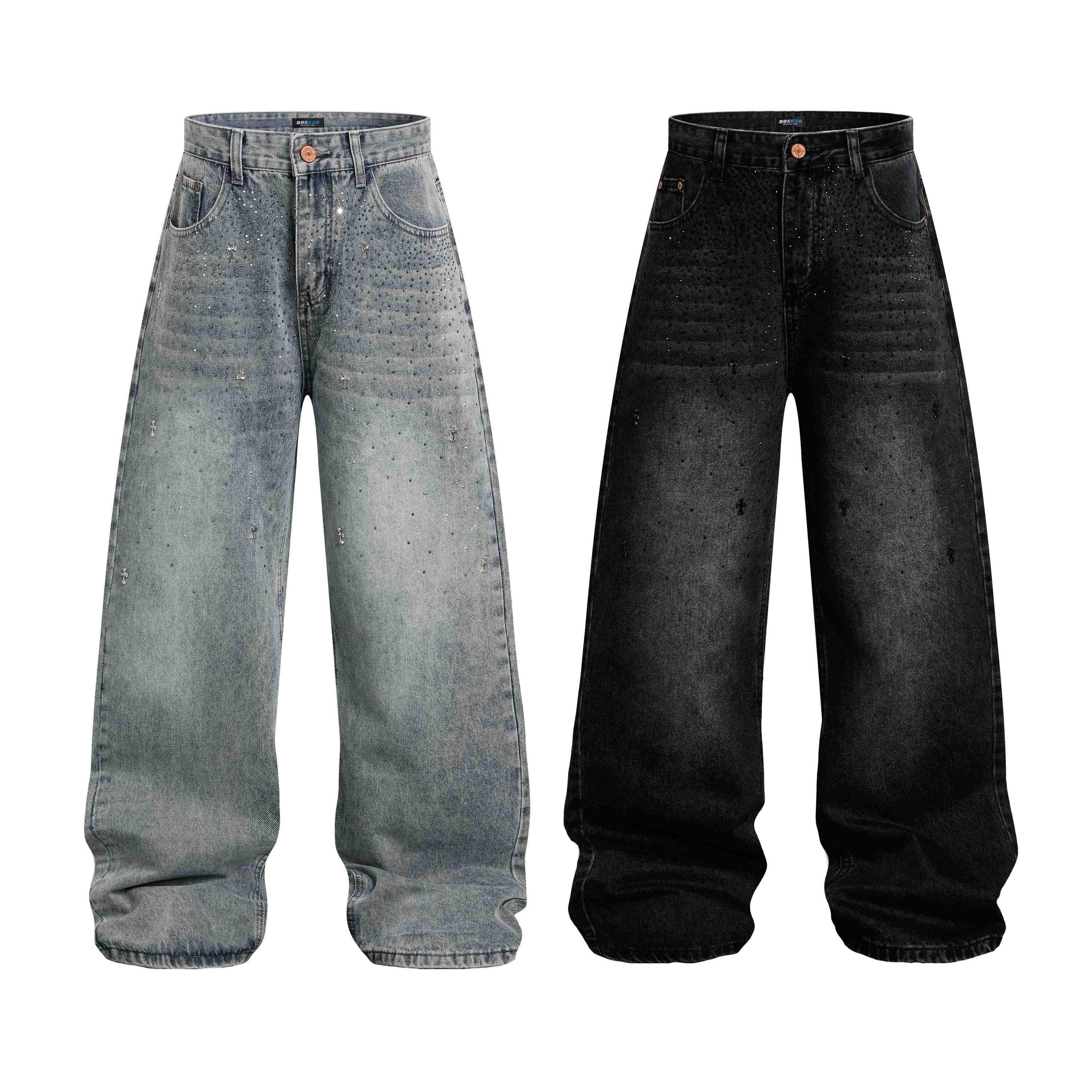 Omirad Stardust wide-leg jeans in faded blue-grey and washed black with scattered rhinestone detailing, front view