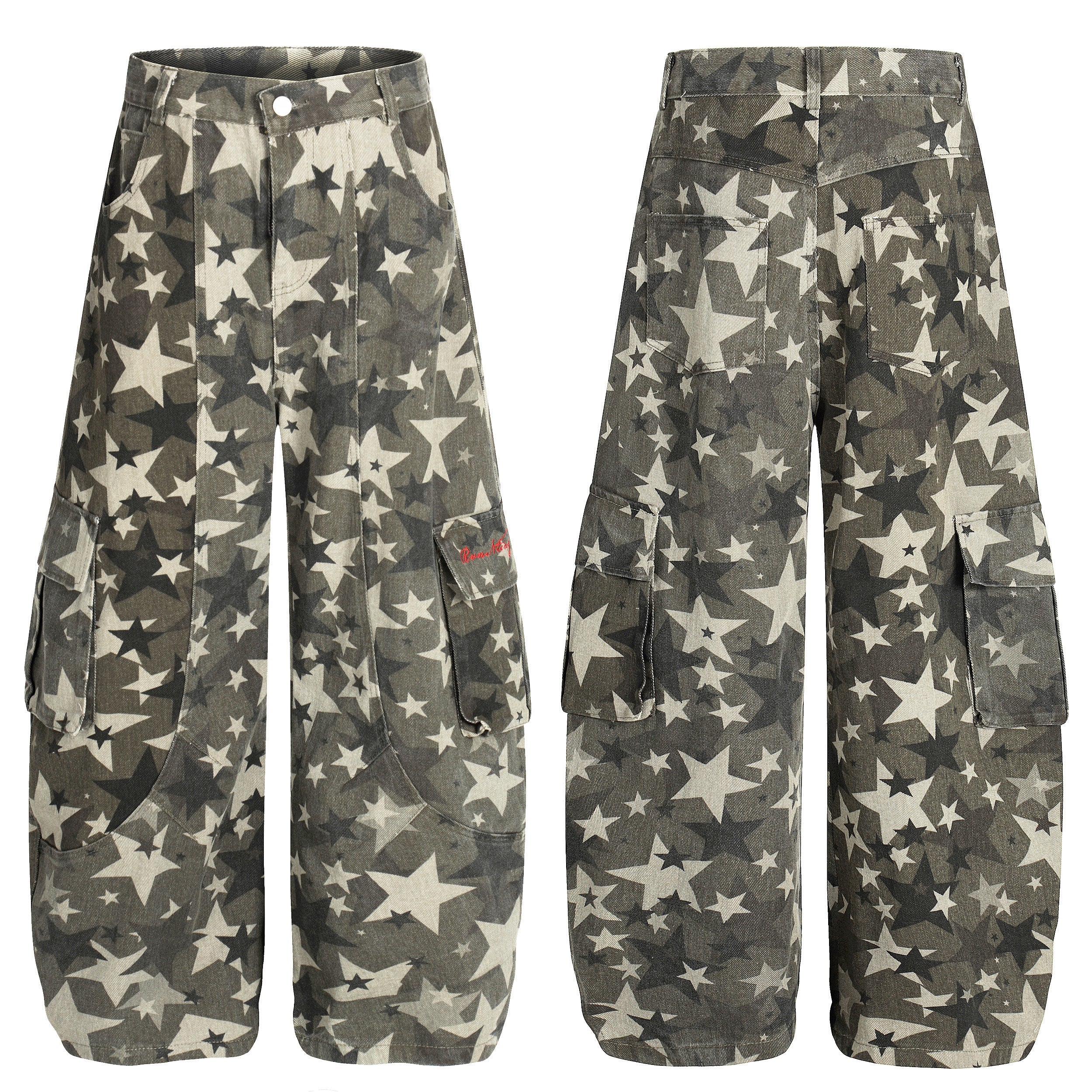 Front and back view of olive star camouflage barrel-leg cargo pants with dual cargo pockets and embroidered logo detail