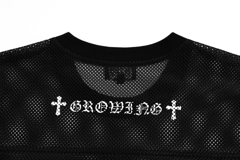 Black mesh jersey tee with gothic cross graphic and SEAKOFF print, featuring a boxy athletic neckline and sheer texture