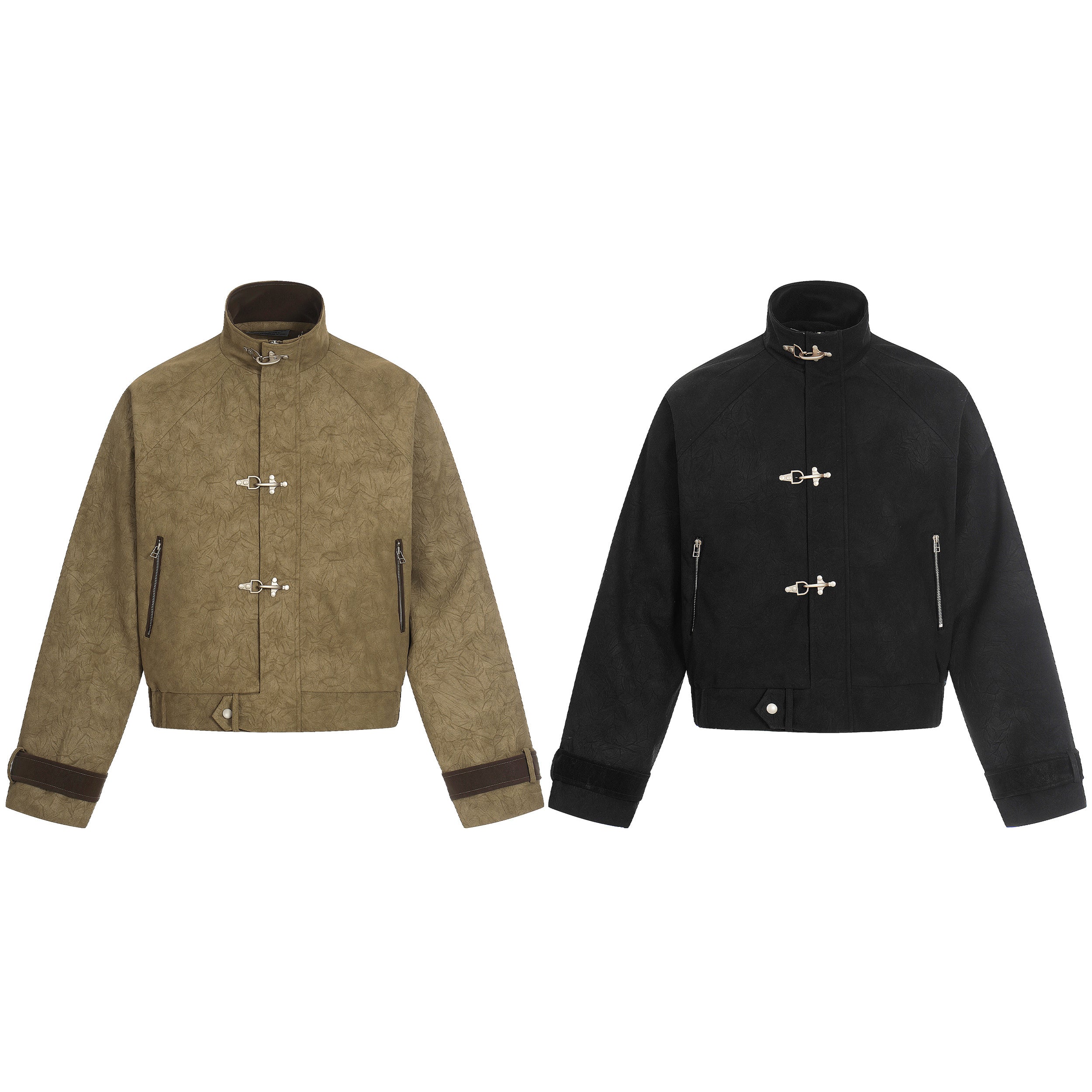 Omirad Textured Utility Jacket in olive and black colorways with silver metal clasp closures and stand collar