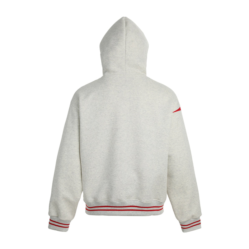 Light gray fleece hoodie, back view with plain panel and red stripe accents on the shoulder and hem