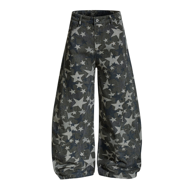 Front view of vintage wash barrel leg jeans with allover gray star print
