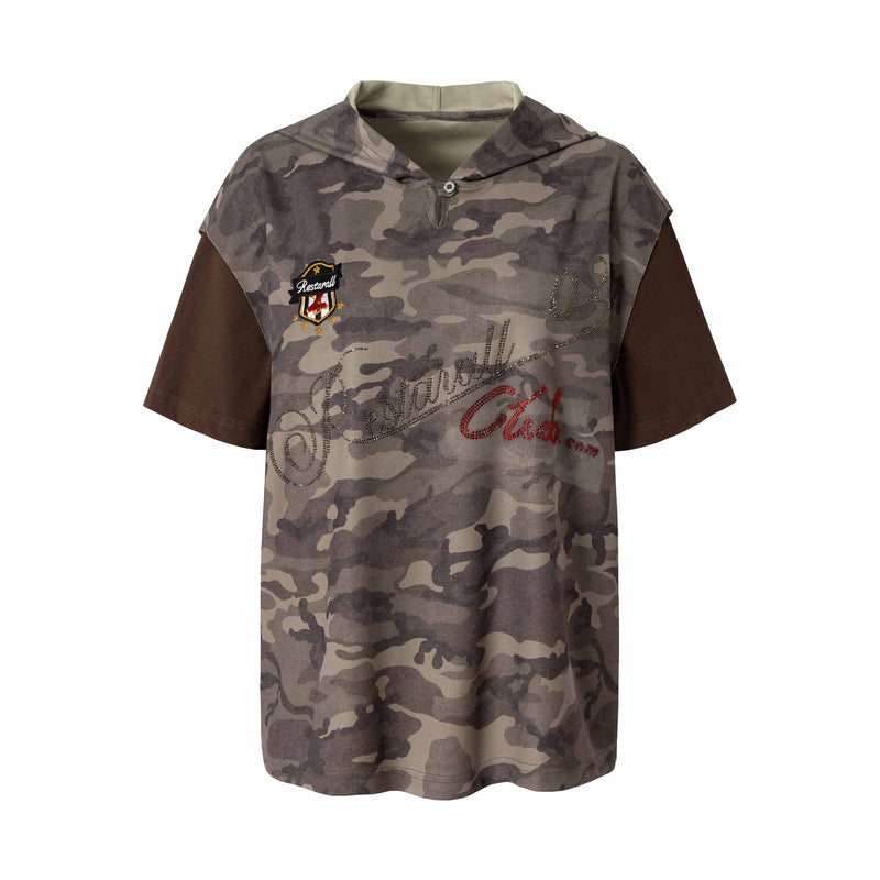 Oversized camo hooded short-sleeve tee with brown sleeves and front graphic details on a white background