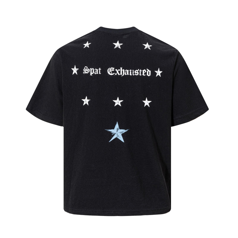 Black oversized graphic tee with white gothic stars and Spat Exhausted print on the back