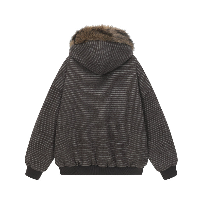 Striped Faux Fur-Lined Zip-Up Hooded Jacket | Omirad