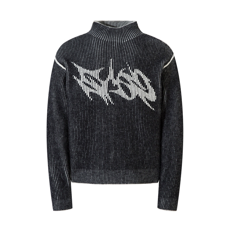 Black ribbed knit sweater with white lightning graphic, front view
