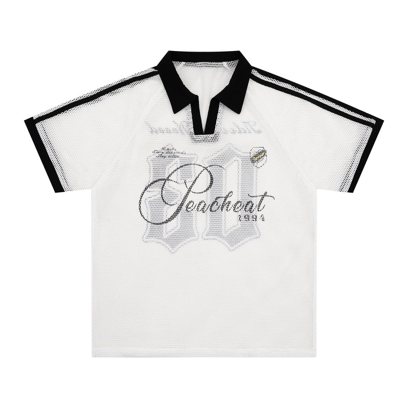 White vintage mesh polo tee with black collar, trim, and retro Peachet graphic print on the chest