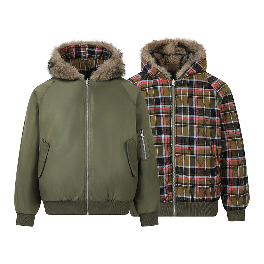 Reversible bomber jacket shown in military green and plaid tartan with faux fur hood trim, front zip closure and ribbed cuffs