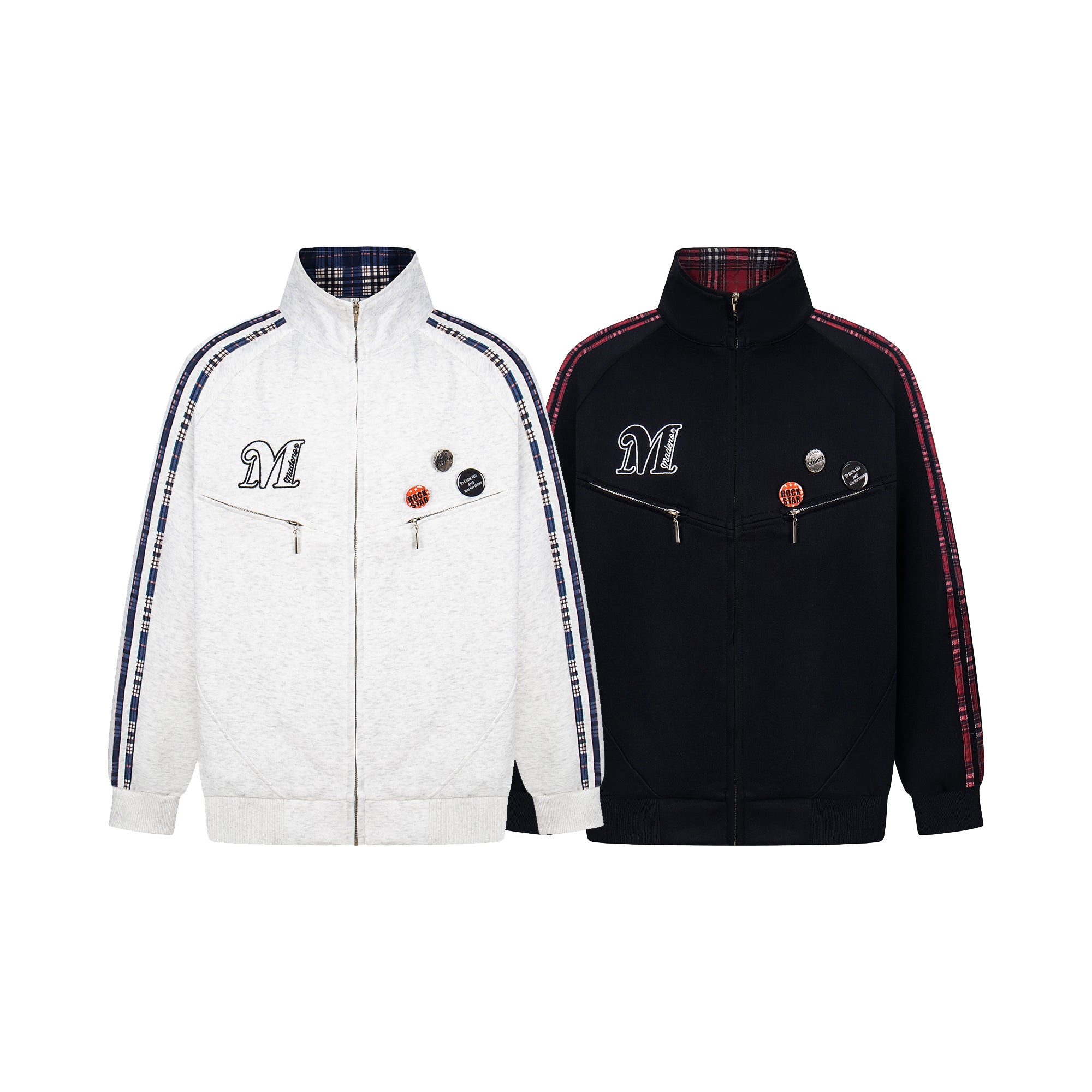 Omirad Plaid-Trim Track Jacket in heather grey and black, shown side by side with embroidered M logo and decorative chest pin