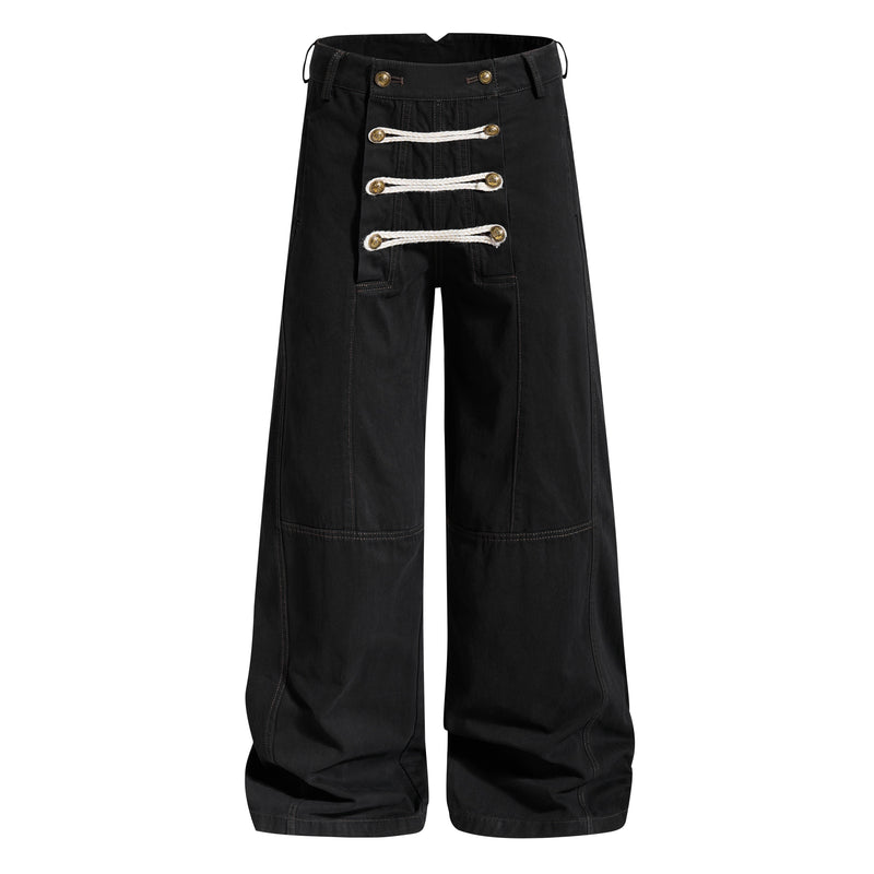 Black wide-leg pants front view with rope frog closures, brass buttons, and flared legs
