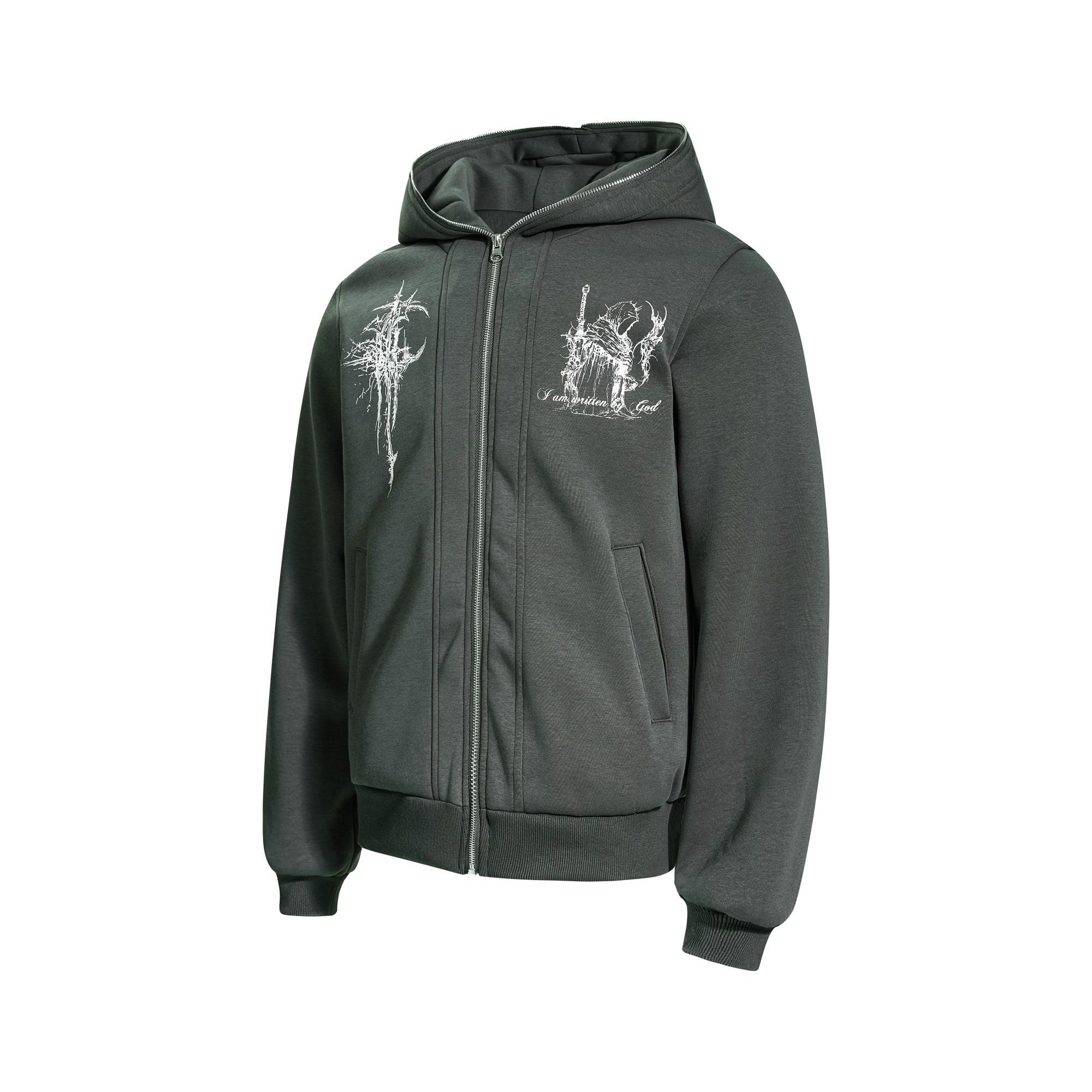 Gothic Line Art Zip-Up Hoodie | Dark Streetwear Cotton