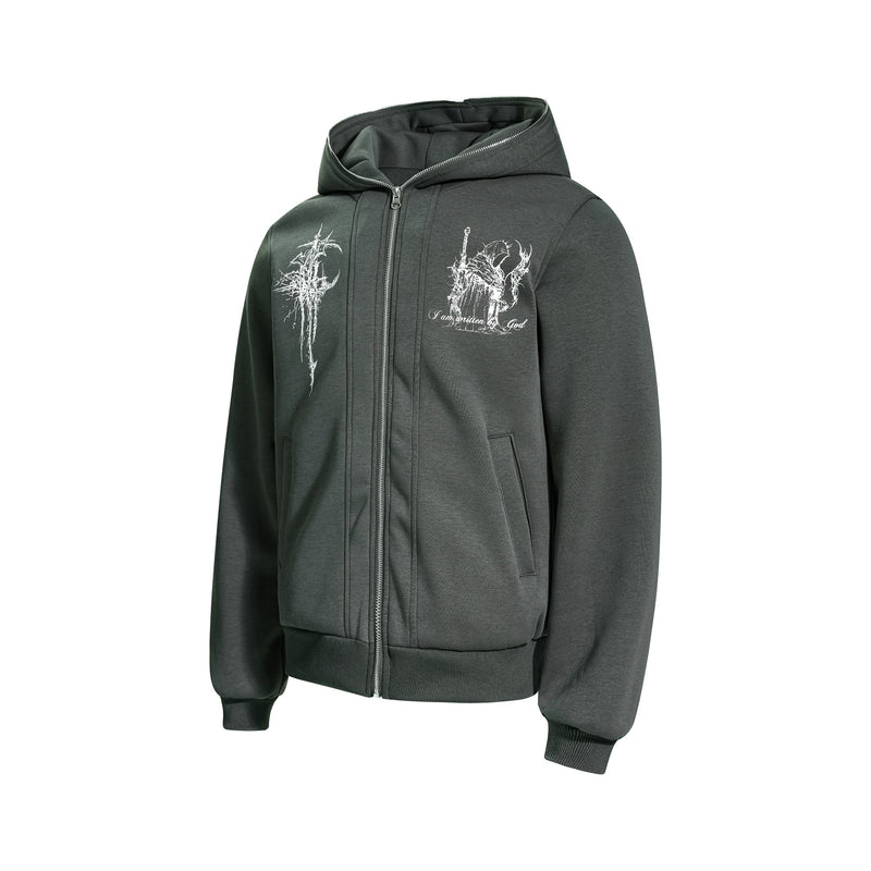 Dark green zip-up hoodie shown at a three-quarter front angle with white line art print