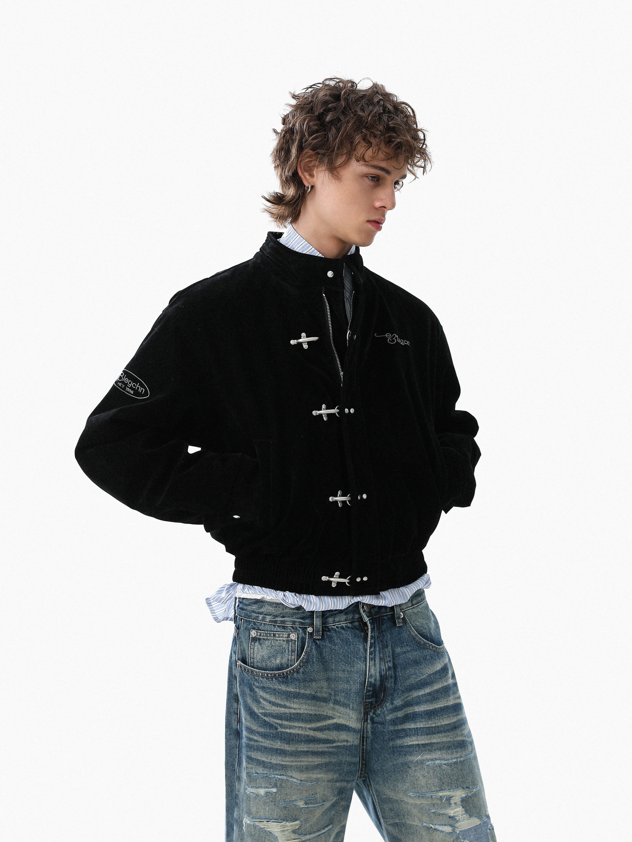 Omirad Embroidered Suede Metal Clasp Bomber Jacket