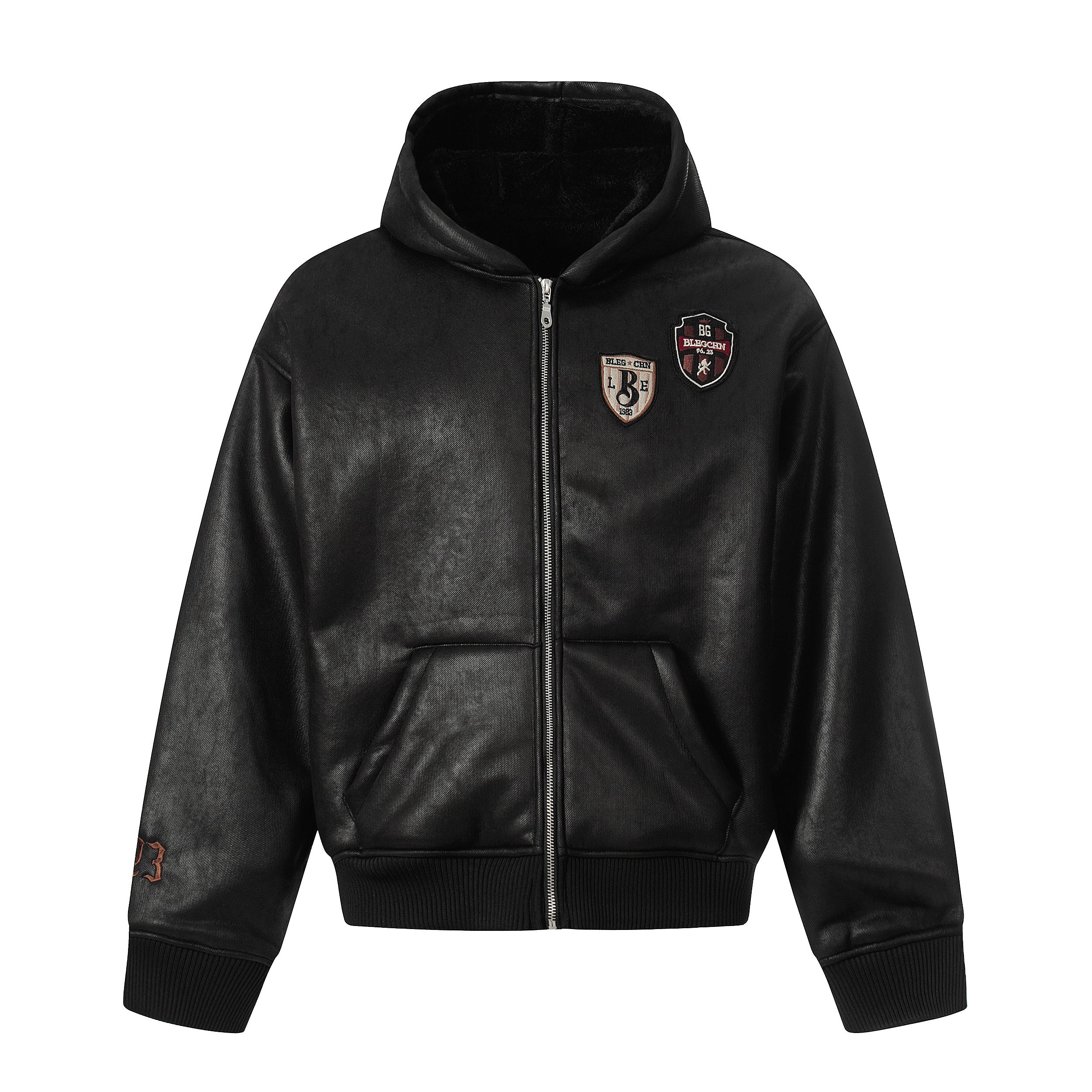 Omirad Badge PU Leather Hooded Varsity Jacket