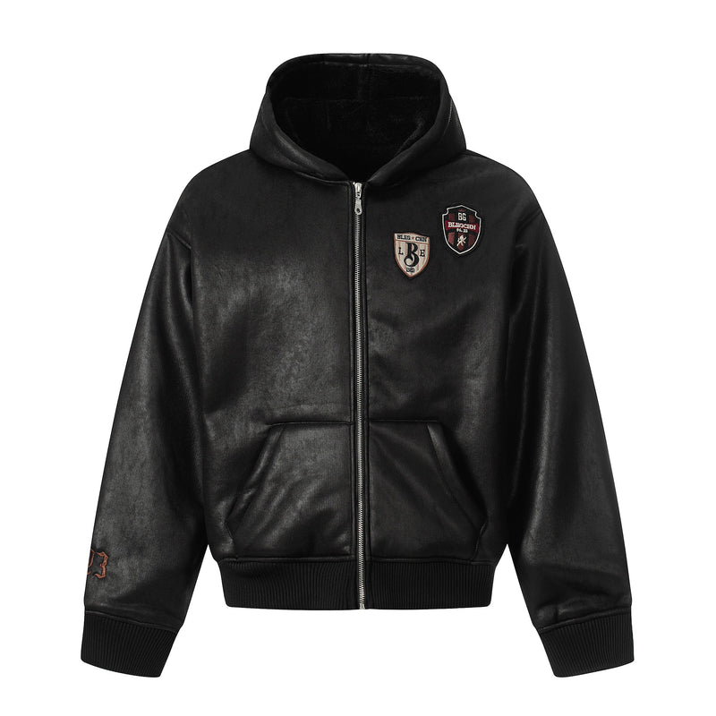 Omirad Badge PU Leather Hooded Varsity Jacket