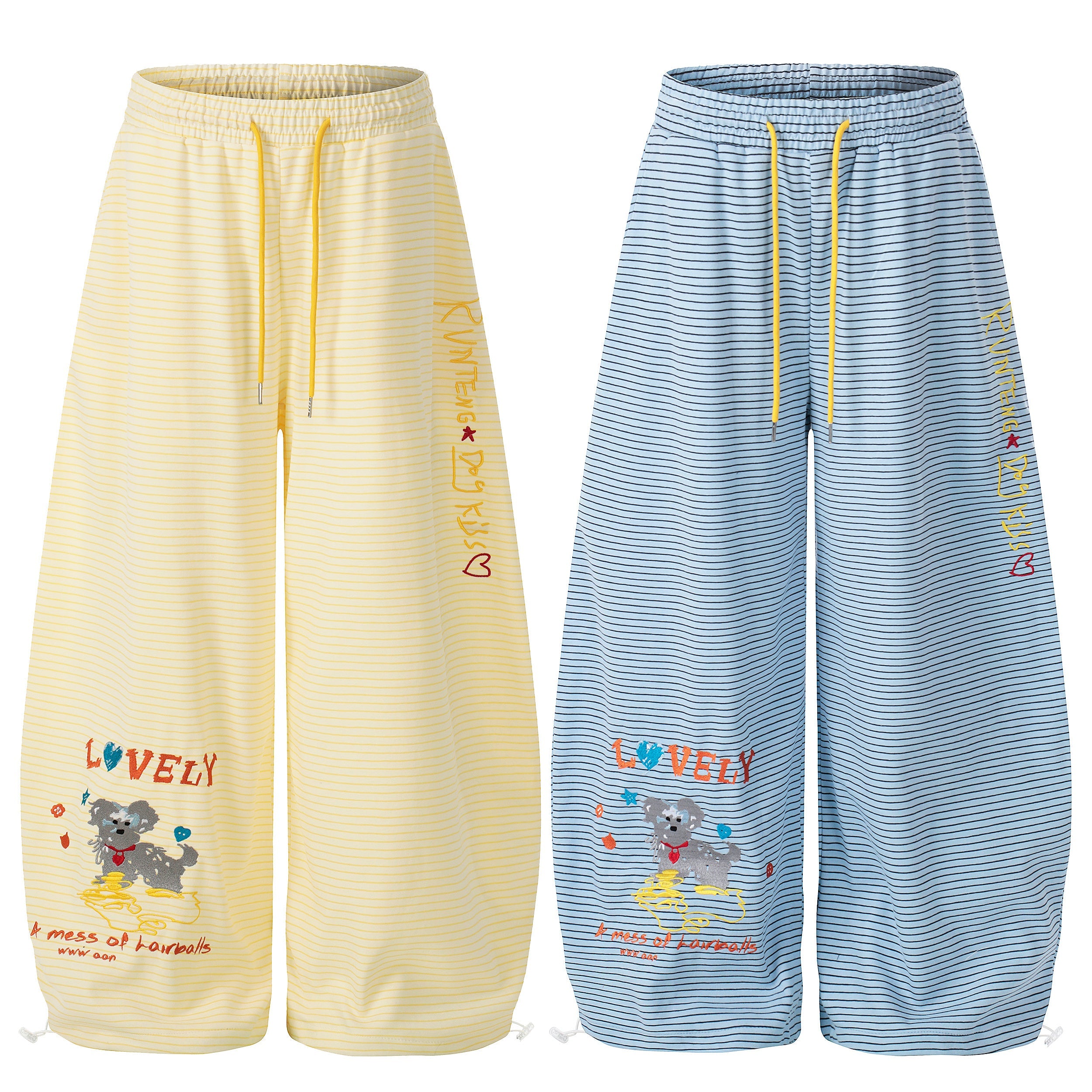 Pale yellow striped balloon-leg sweatpants with dog graphic print and adjustable drawstring waist