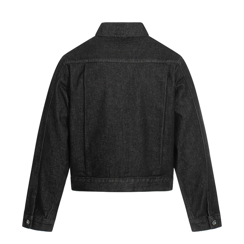 Metal Buckle Pleated Black Denim Jacket | Cropped Boxy Fit
