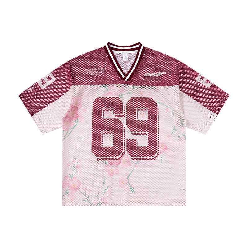 Omirad Blossom 69 burgundy and white floral mesh jersey t-shirt with number 69 graphic, front view