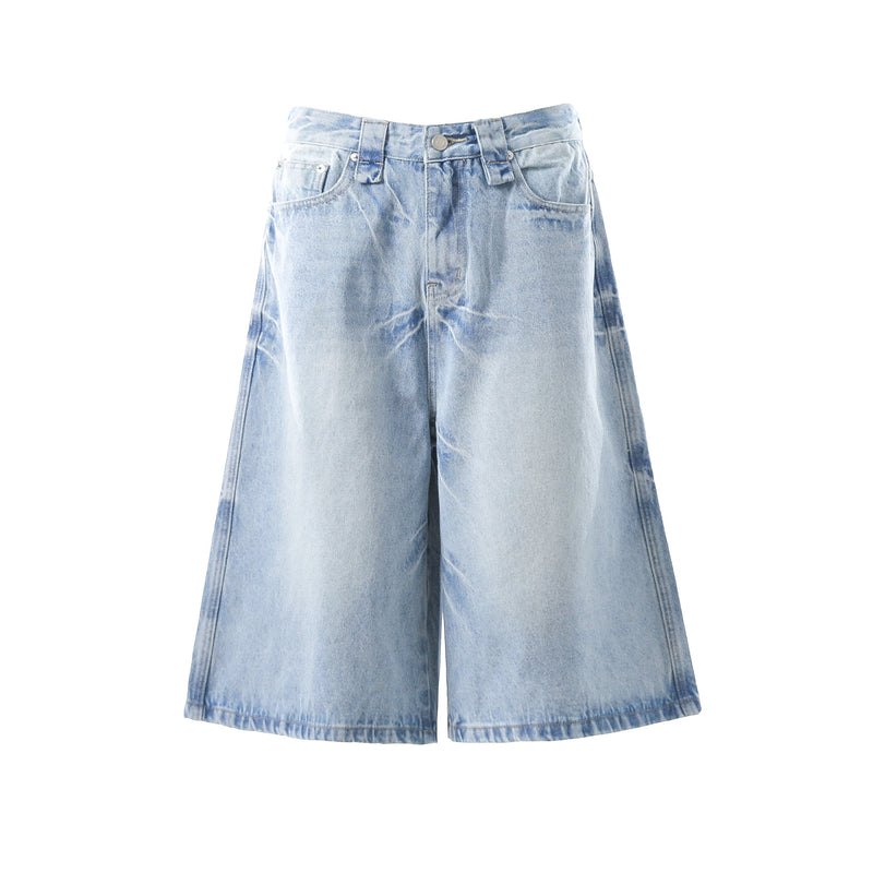 Light wash wide-leg denim shorts front view with button waist and A-line shape
