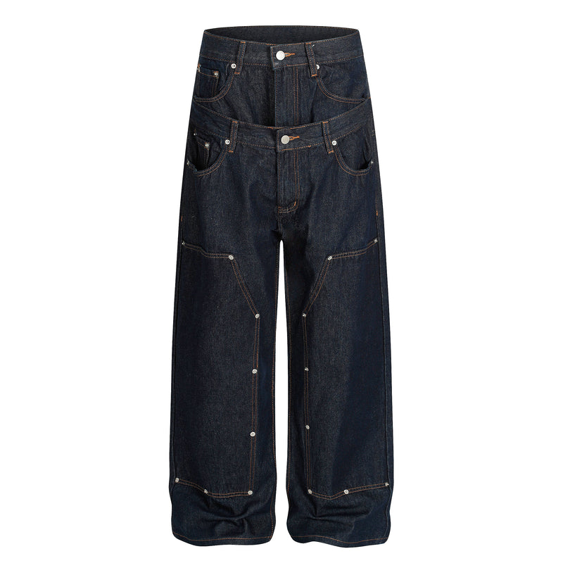 Front view of deep indigo wide-leg jeans with double waist band, contrast stitching, and snap details