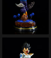 Top image: Seakoff’s Dragon Ball Z figure set includes a small character with a blue outfit and orange shoes on a cloud-like circular base. Bottom image: The set also features an iconic spiky-haired character in a blue and white outfit with a determined expression.