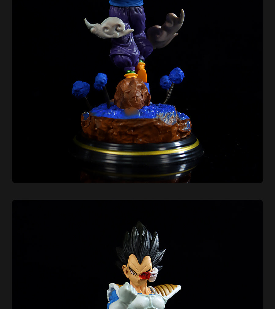 Top image: Seakoff’s Dragon Ball Z figure set includes a small character with a blue outfit and orange shoes on a cloud-like circular base. Bottom image: The set also features an iconic spiky-haired character in a blue and white outfit with a determined expression.