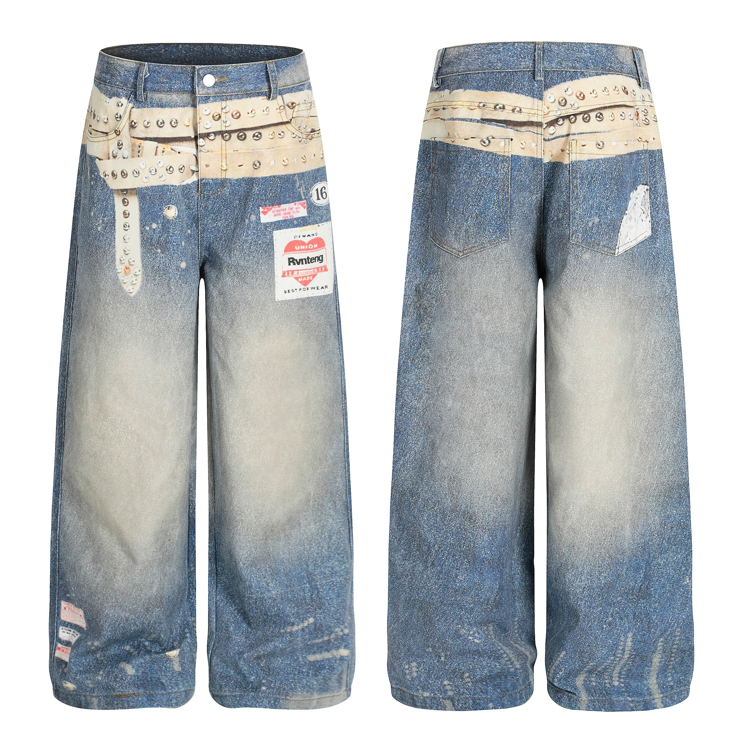 Front and back view of wide-leg distressed denim jeans with printed studded belt graphic and retro label patches