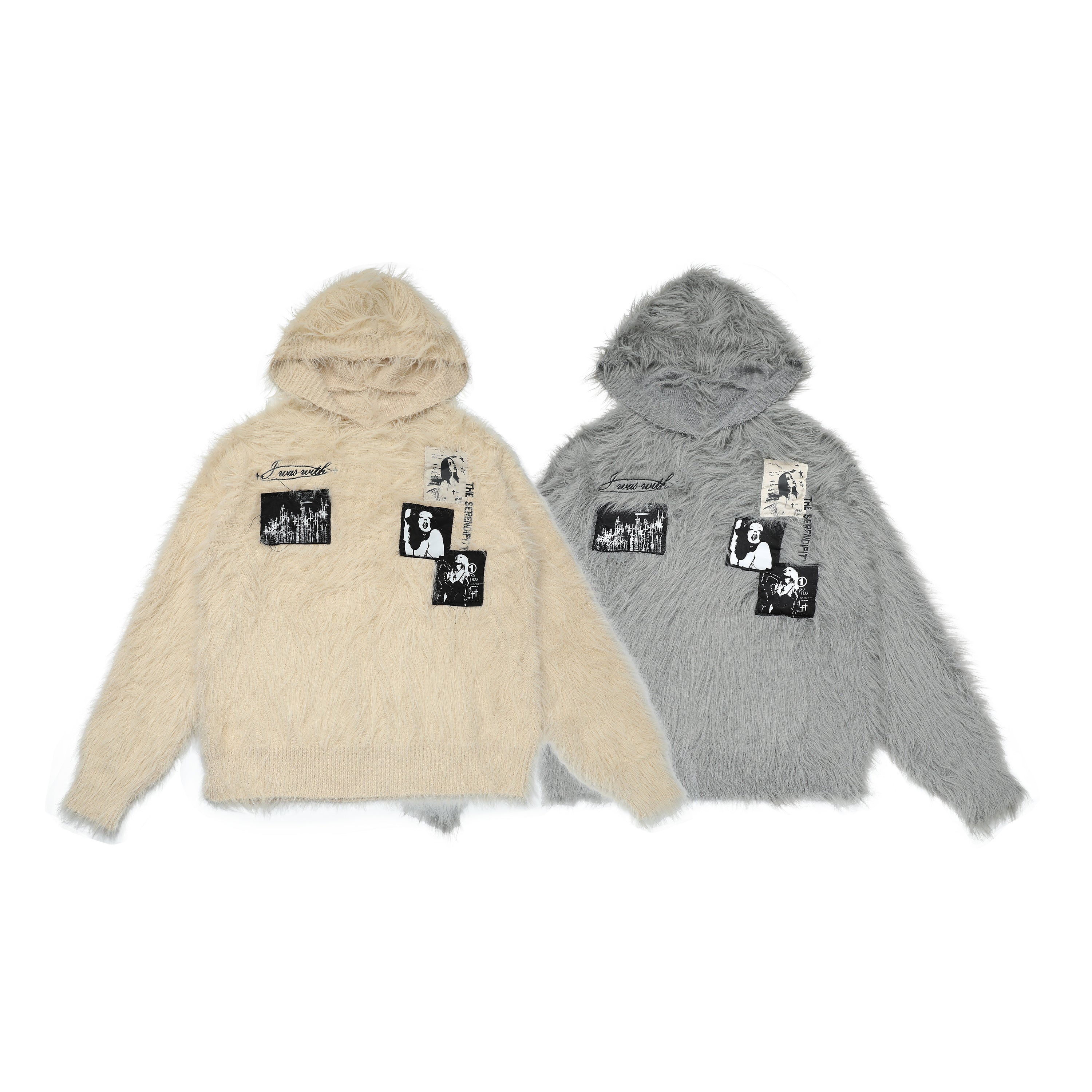 Cream and grey fuzzy shaggy knit hoodies with black and white photo patch appliqués laid flat on white background