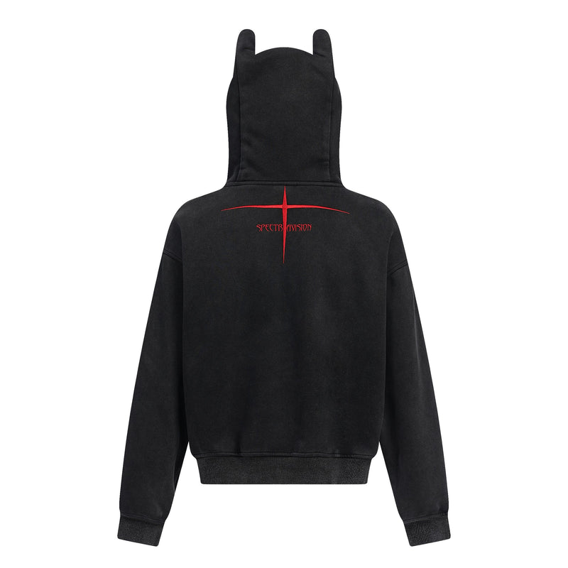 Black zip hoodie back view with red cross graphic and devil-ear hood