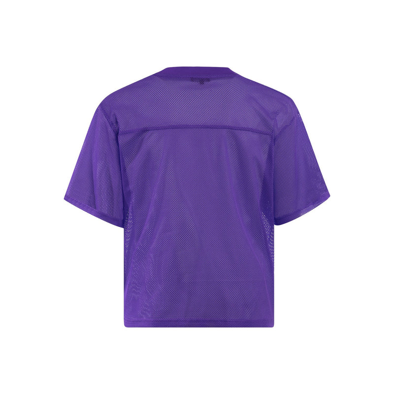 Purple mesh football jersey with short sleeves and a relaxed streetwear fit on a white background