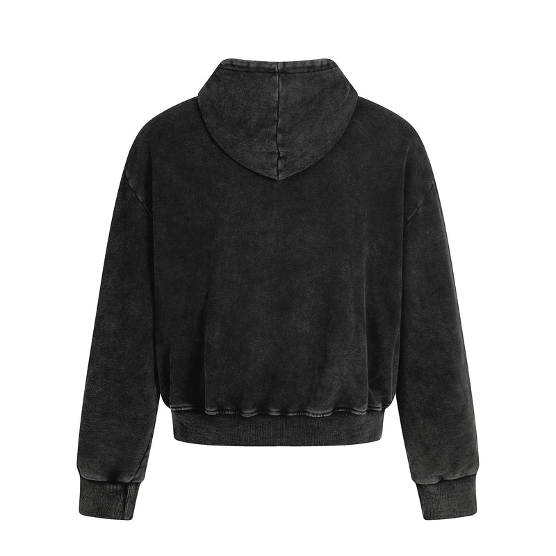 Back view of black washed hoodie jacket with relaxed fit and ribbed hem