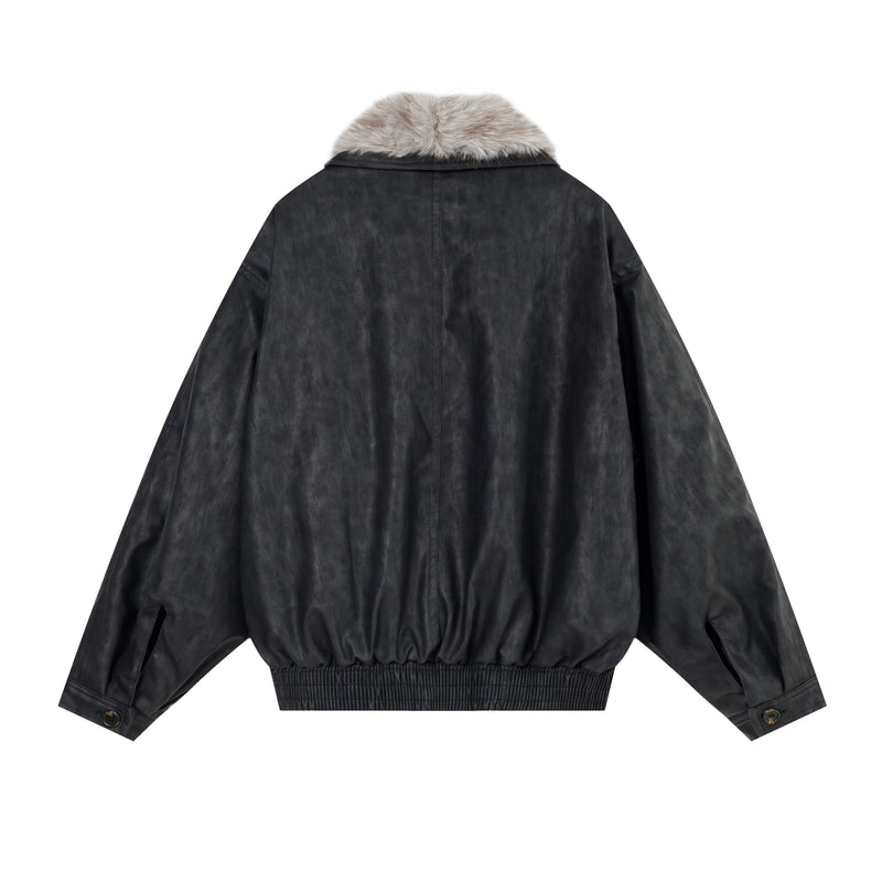 Fur-Collar Studded PU Bomber Jacket | Vintage Streetwear