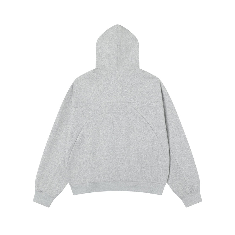 Light gray hoodie back view with hood seam and curved panel stitching