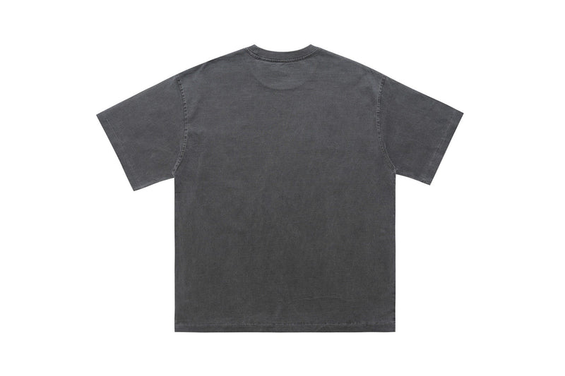 Charcoal vintage wash graphic T-shirt shown from the back with a relaxed oversized fit and faded streetwear look
