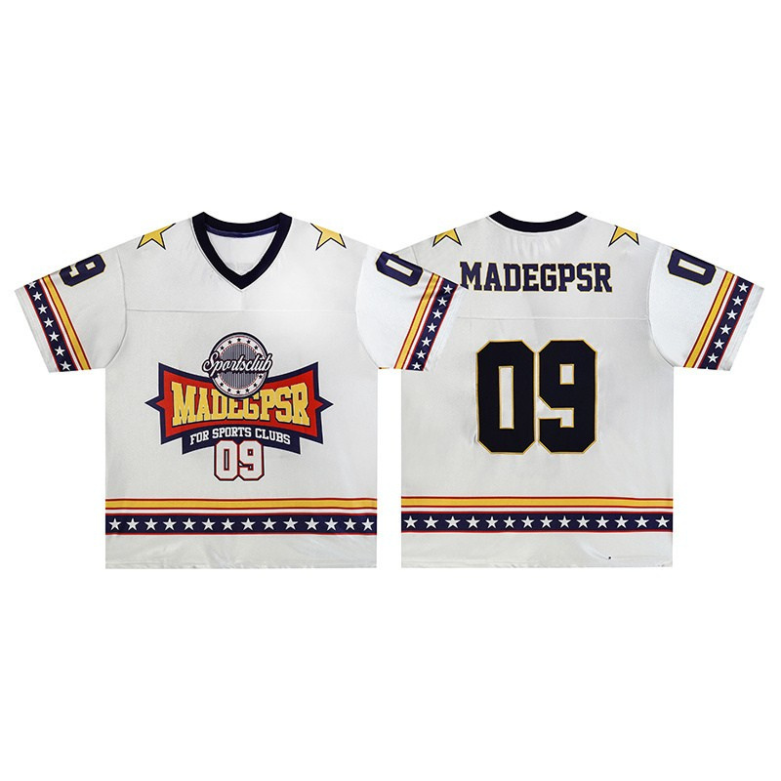 White Americana Sportsclub jersey showing front and back with varsity crest graphic, star stripe trim, and number 09