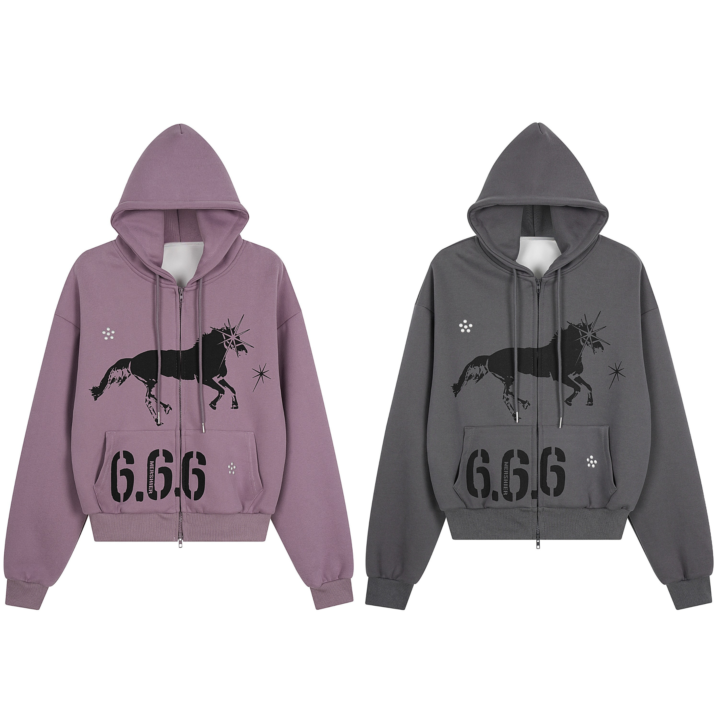 Purple zip-up hoodie with black unicorn graphic, starburst print, and 6.66 stencil lettering on front pocket