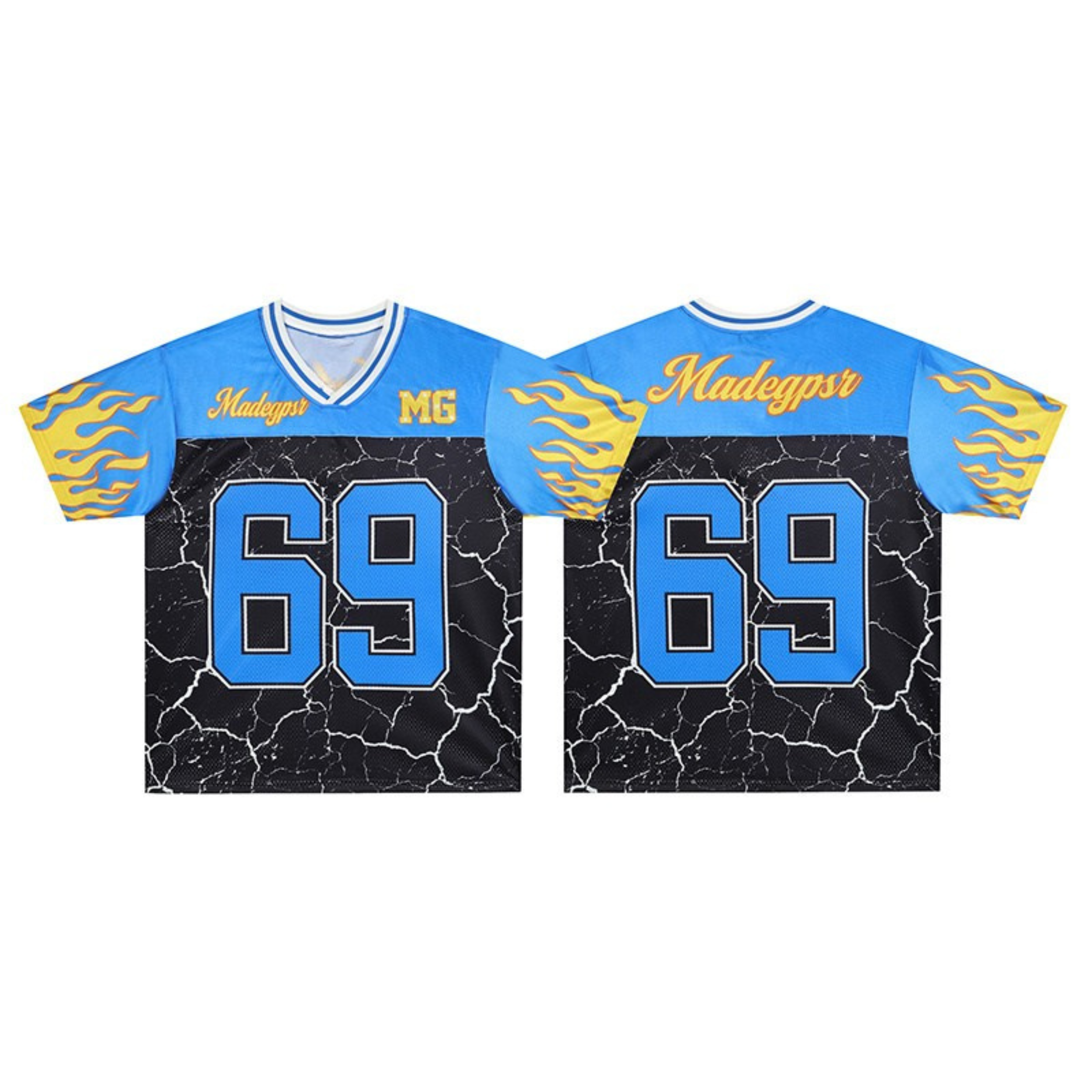 Front view of blue and black flame crack football jersey with number 69 and yellow flame sleeve graphics