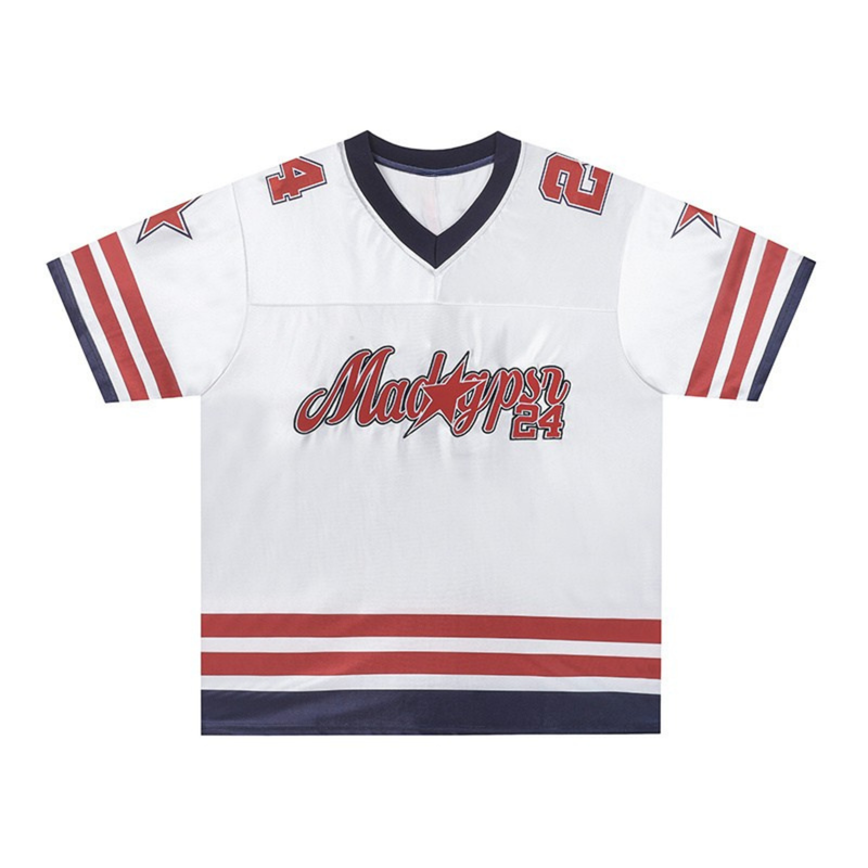 White retro varsity football jersey with red and navy stripes, Mad Gypsr 24 graphic, and V-neck collar