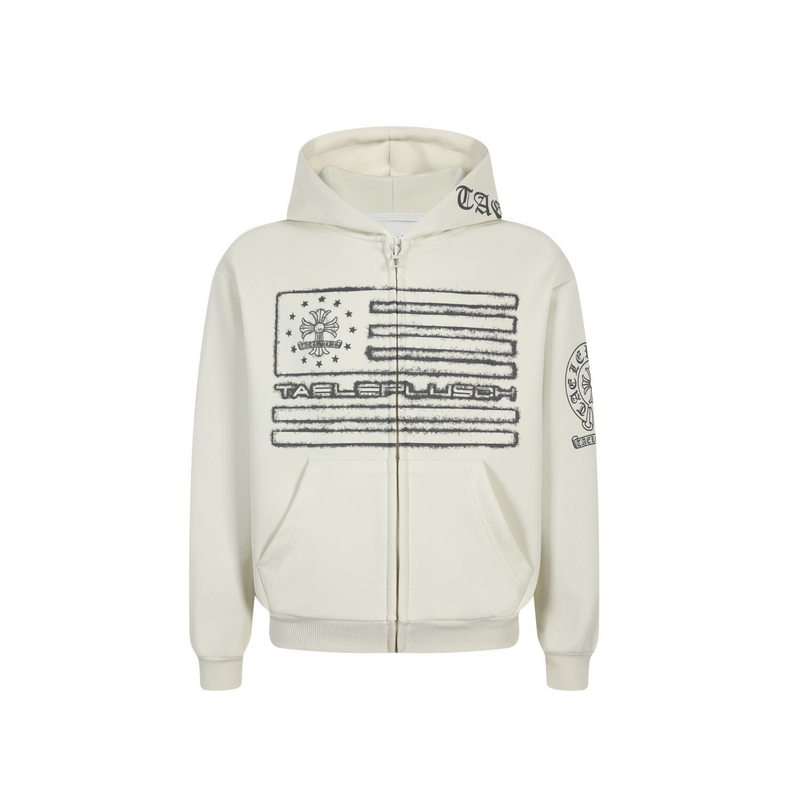 Cream zip-up hoodie front view with distressed flag graphic and black sleeve logo print