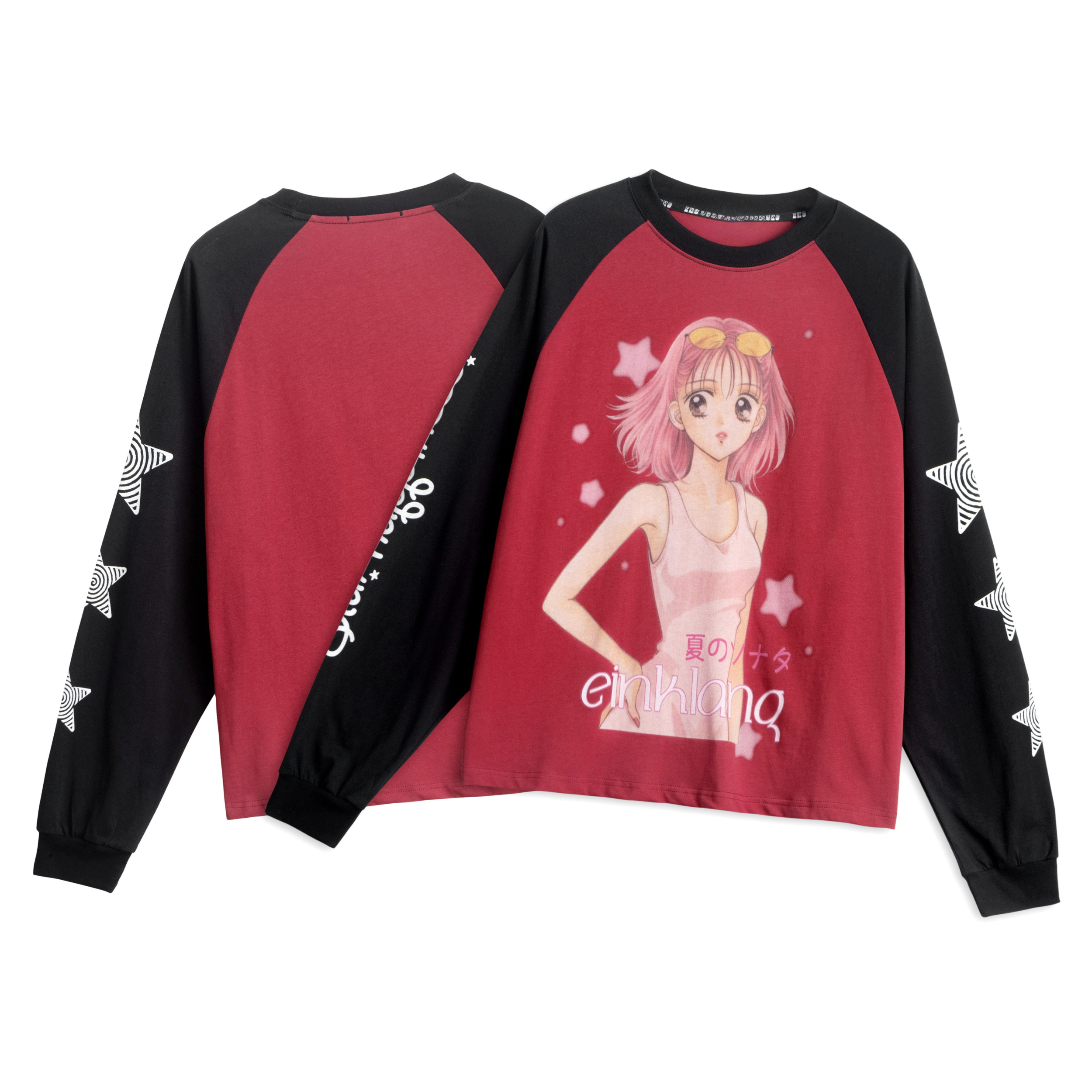 Red and black raglan long sleeve tee with pink-haired anime girl graphic print and star sleeve details