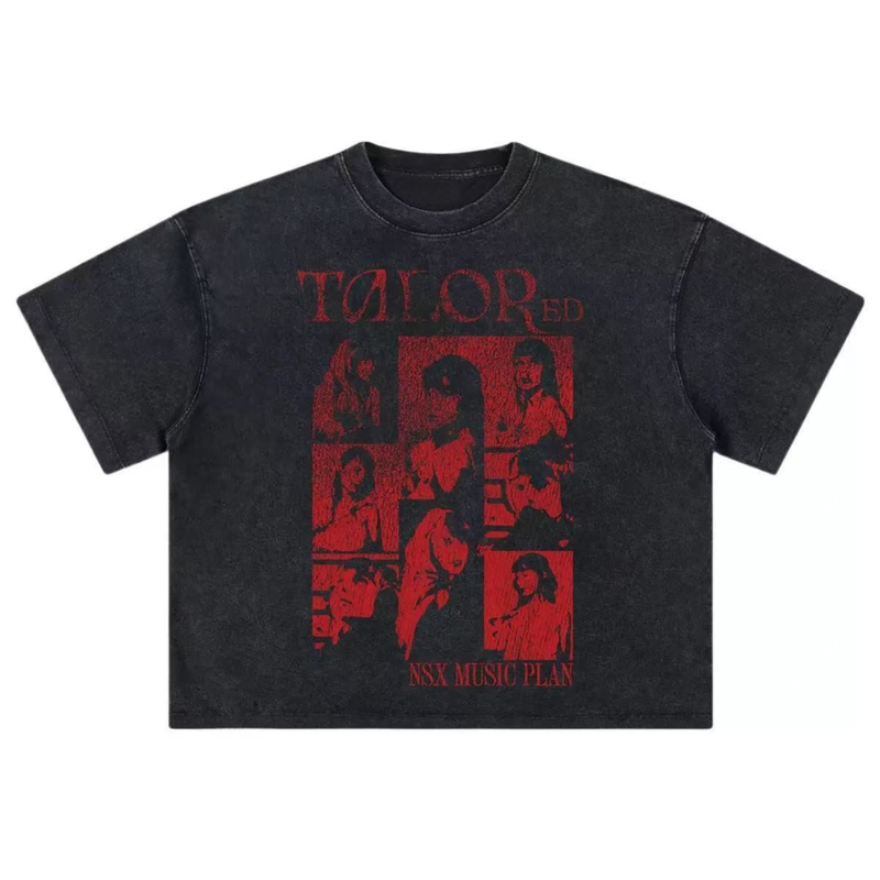 Washed black vintage graphic tee with red collage print and retro music-inspired streetwear design