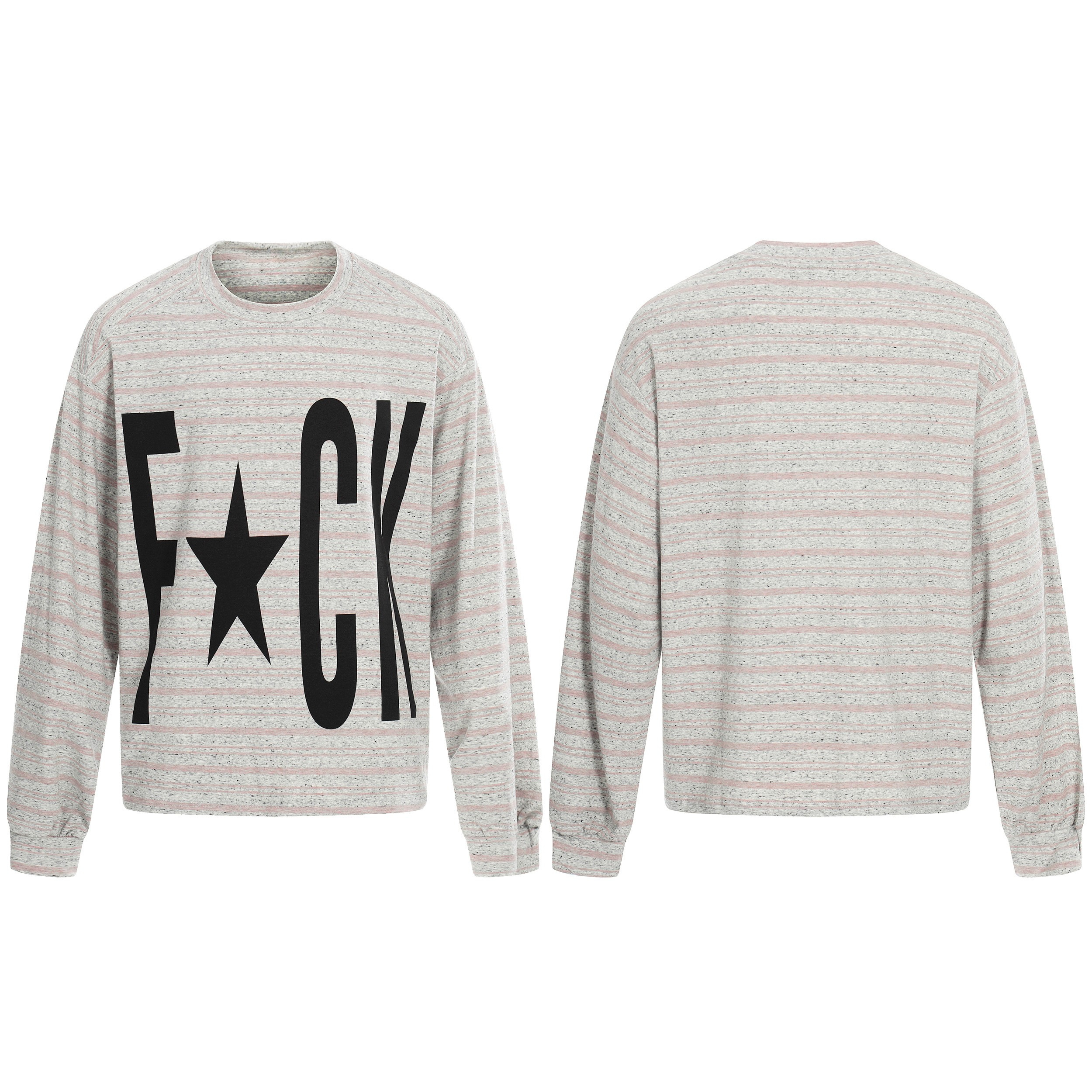 Front and back view of a grey and pink striped long sleeve crewneck tee with a bold black F*CK graphic print