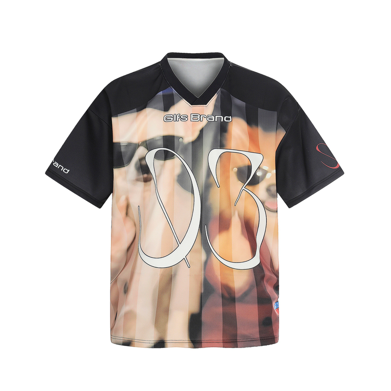 Black oversized mesh jersey with abstract portrait print, V-neck trim, and bold graphic branding on the front
