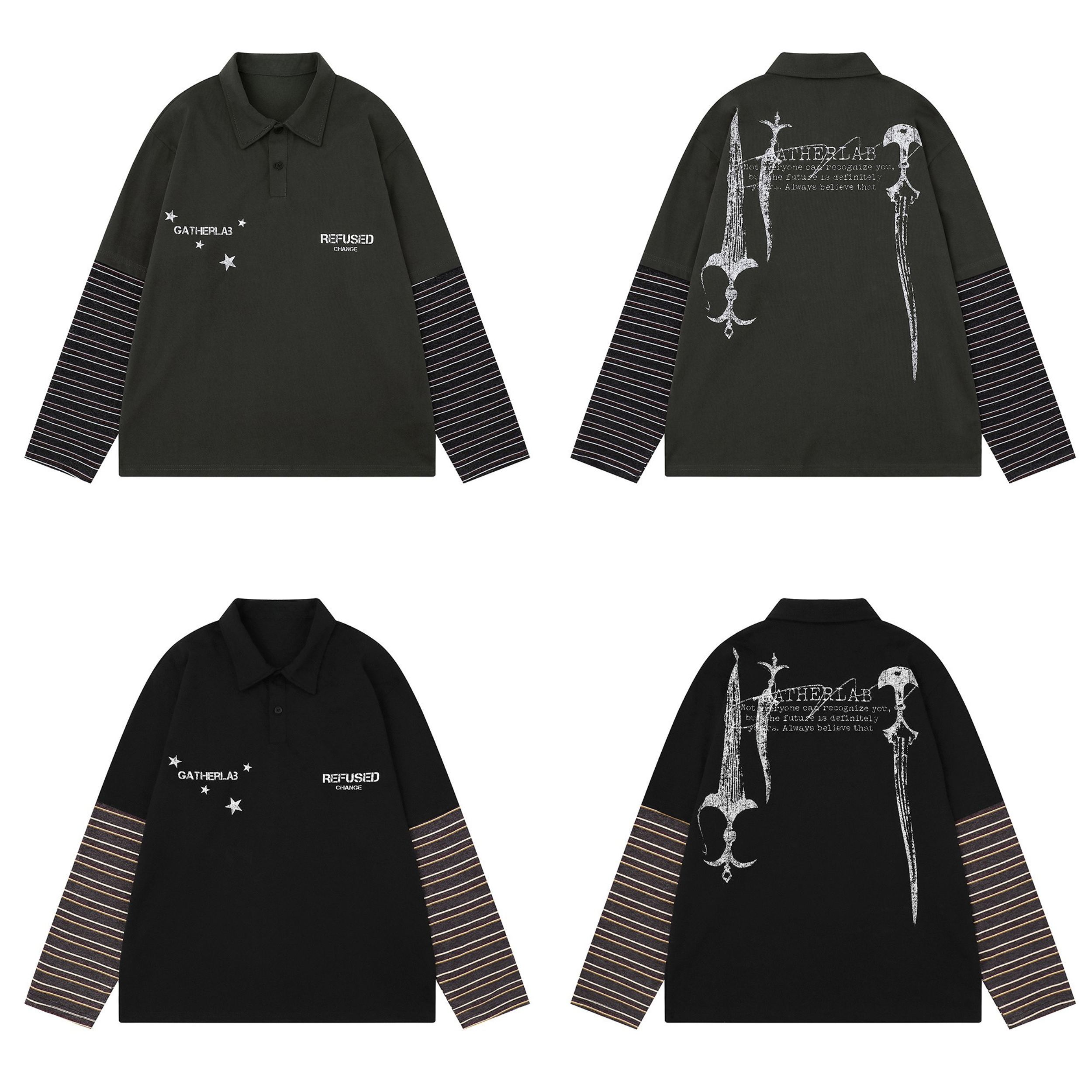 Layered Graphic Long Sleeve Polo | Streetwear Oversized Fit