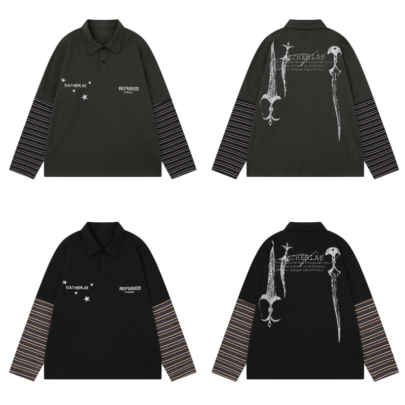 Front and back views of black graphic long sleeve polo with striped sleeves