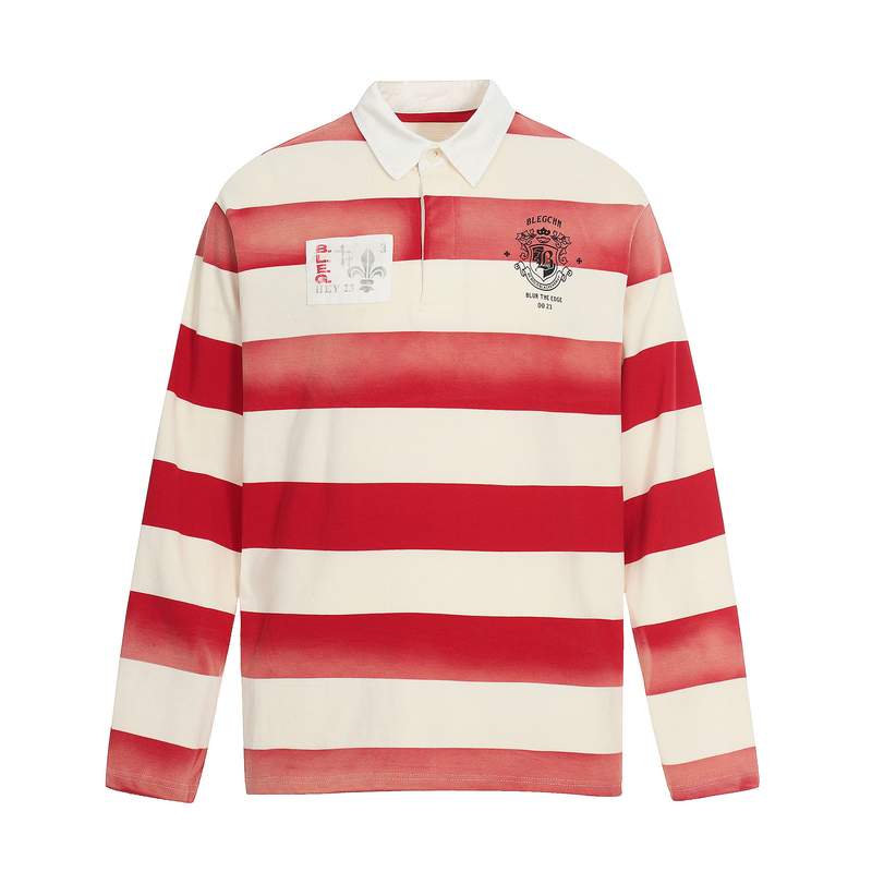 Cream and red striped long sleeve rugby polo shirt with chest graphic, front view