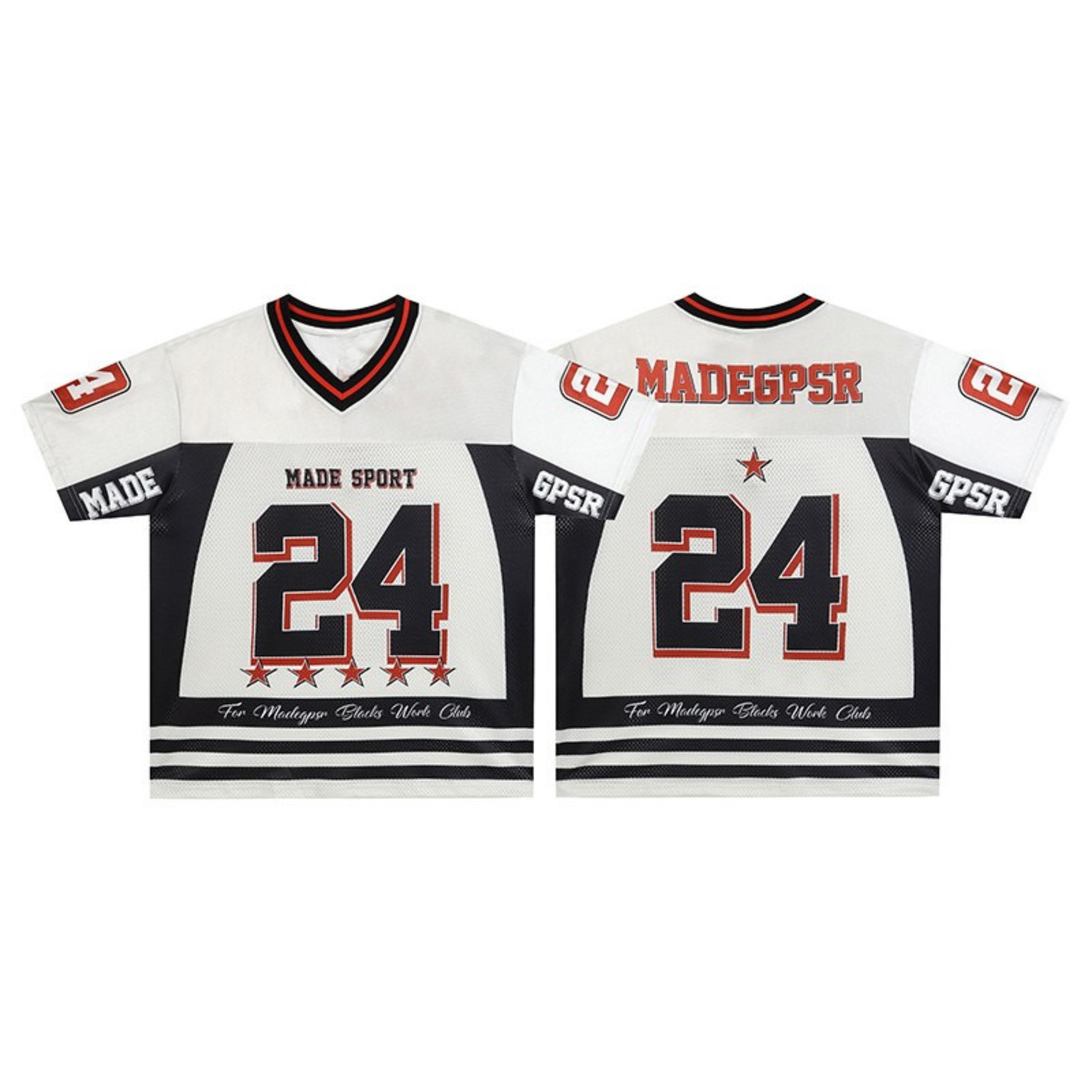 Front and back view of white and black number 24 football jersey with red varsity graphics and contrast panel design