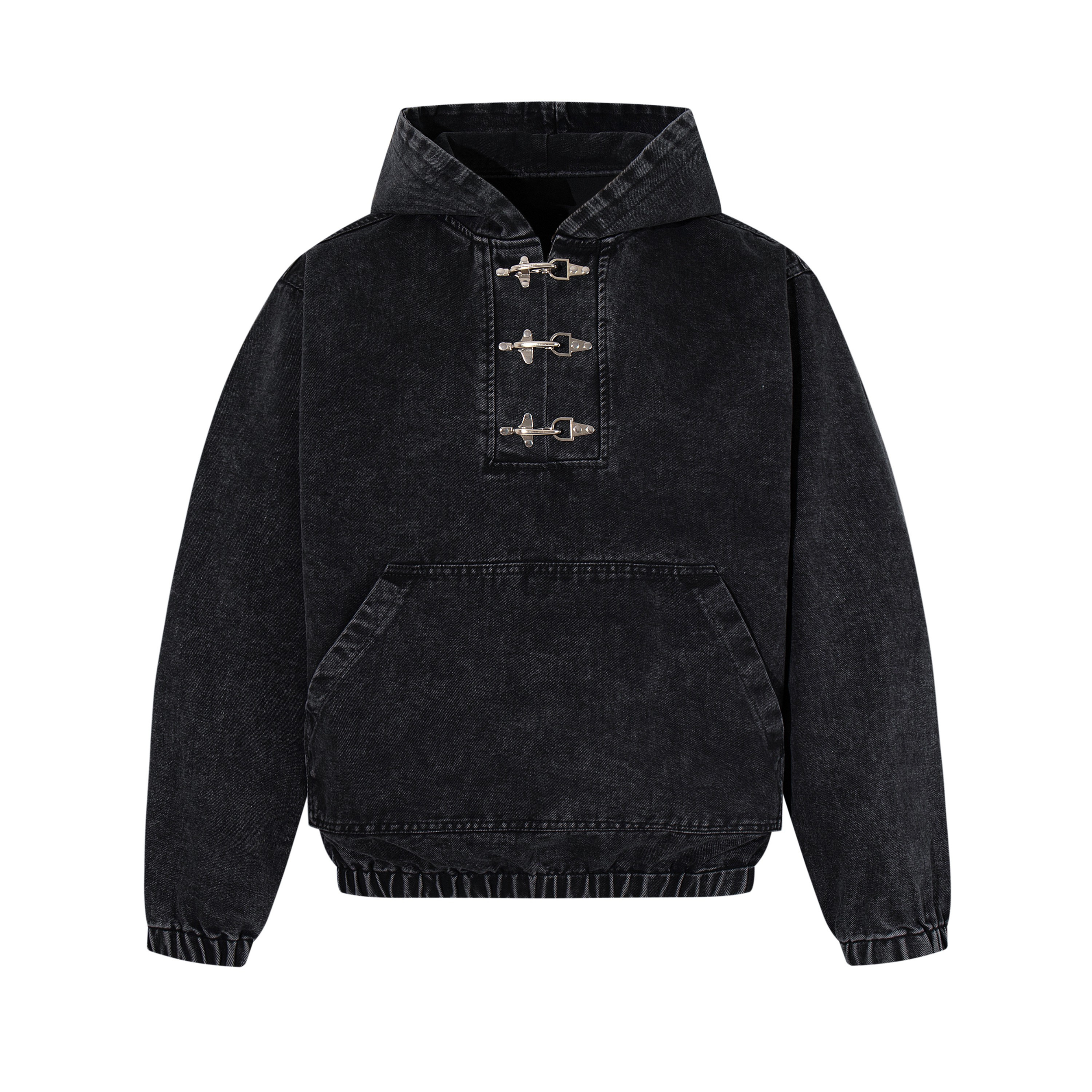 Washed Denim Hoodie with Metal Toggle Front | Omirad